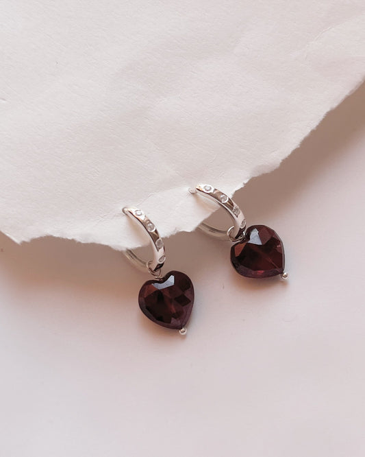Heart-Shaped Garnet and CZ Silver Huggie Earrings