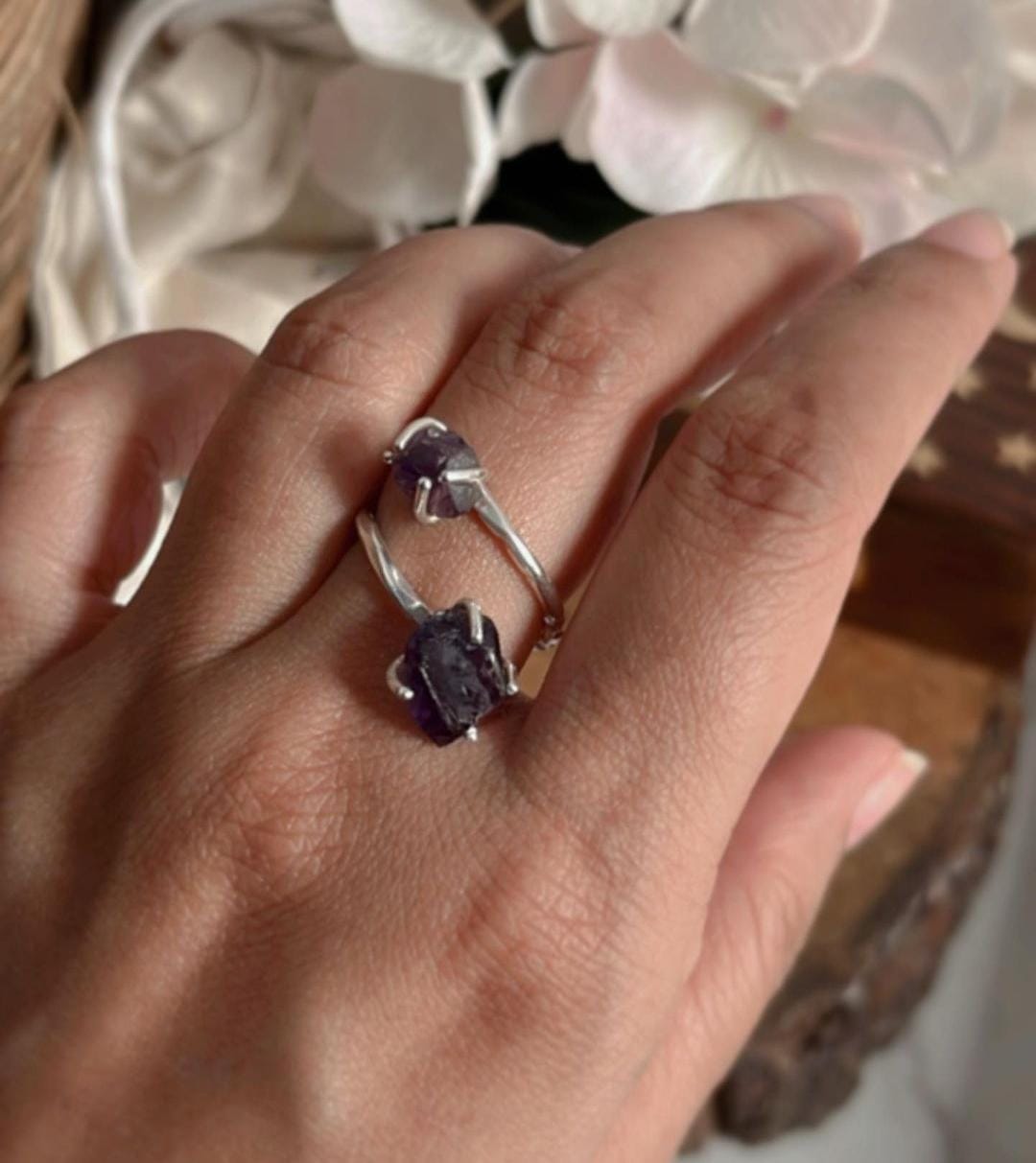Handcrafted Silver Ring Featuring Double Raw Amethyst Stones