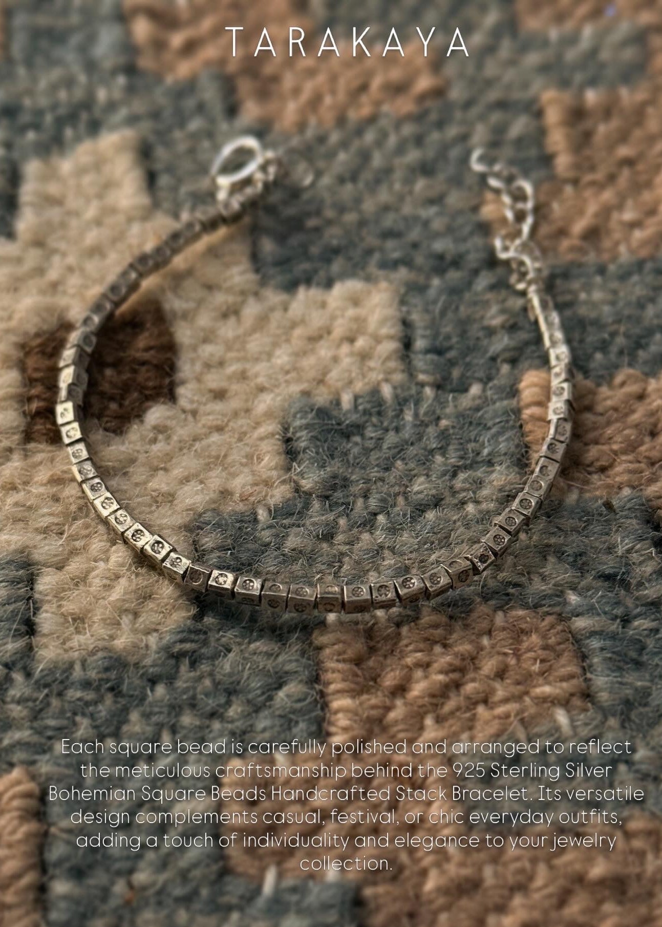925 Sterling Silver Bohemian Square Beads Hill Tribe With Floral Hand Engraved Beaded In Silver Wire Handcrafted Stack Bracelet