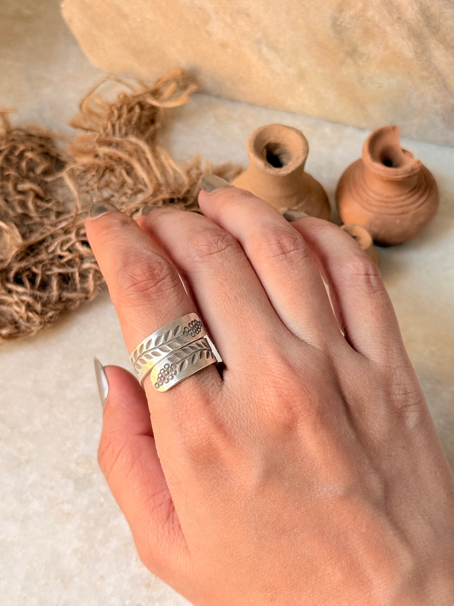 925 Sterling Silver Bohemian Hill Tribe Lavender Engraved Handcrafted Adjustable Ring