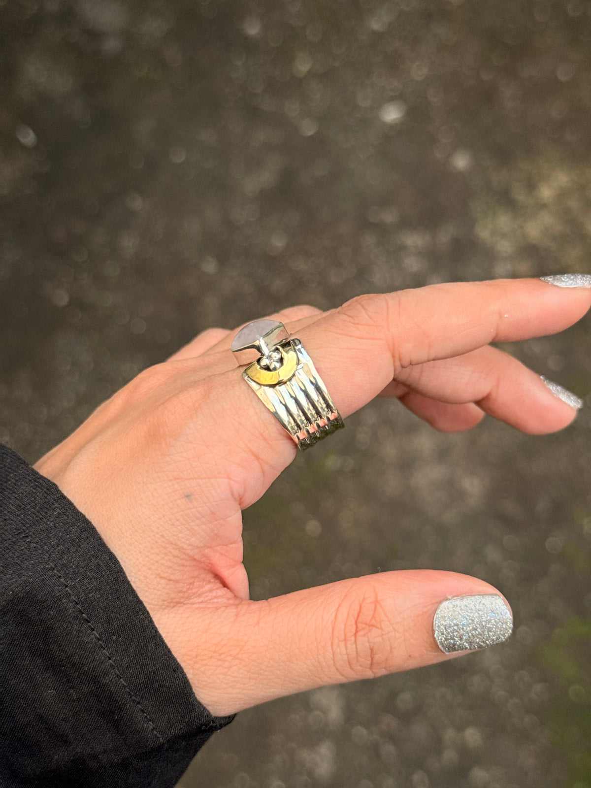 925 Sterling Silver Rose Quartz Square Dual Tone Rustic Ring