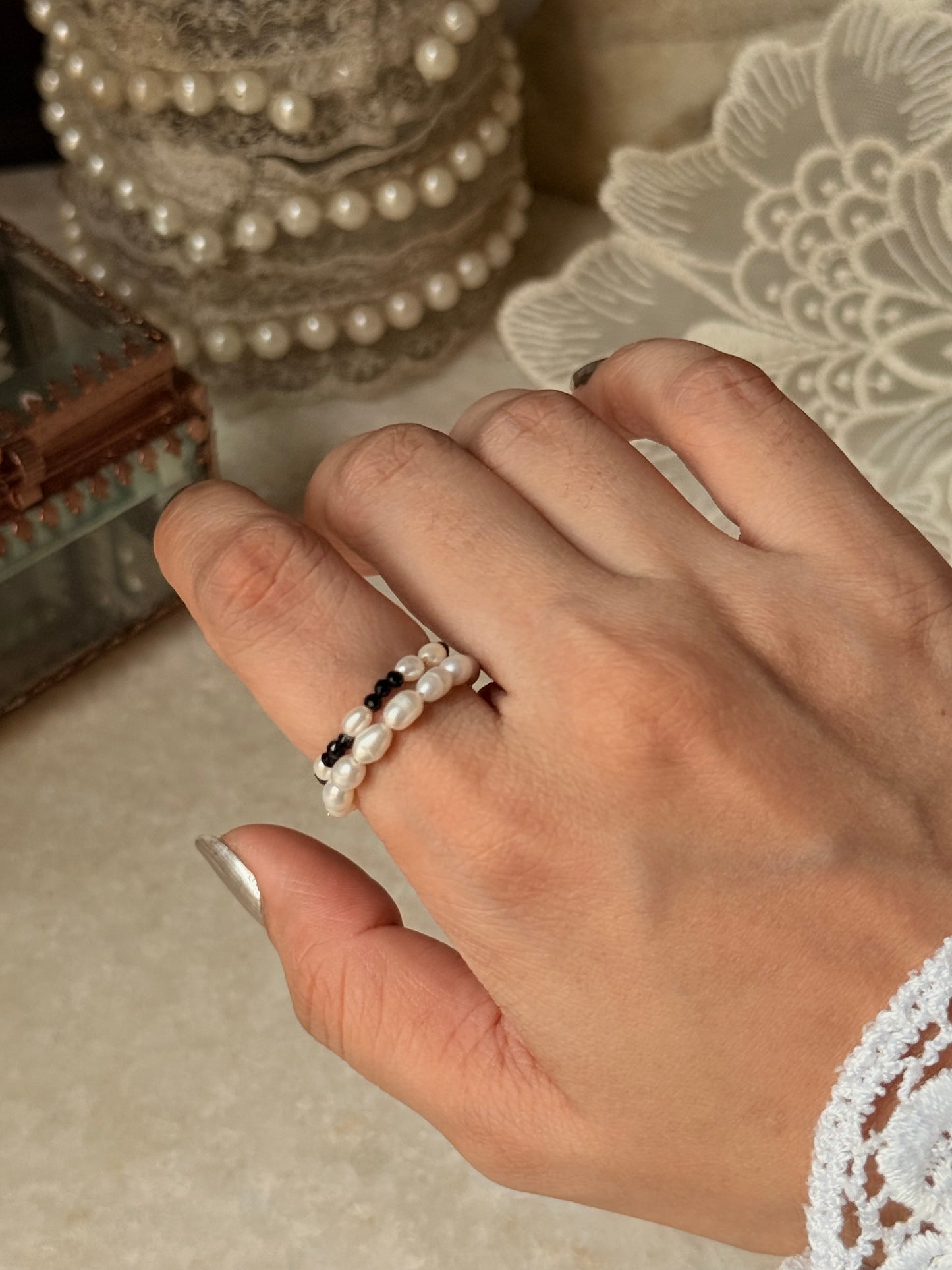 Natural Crystal Stretchy Fresh Water Pearl & Black Spinel Pearl Rings