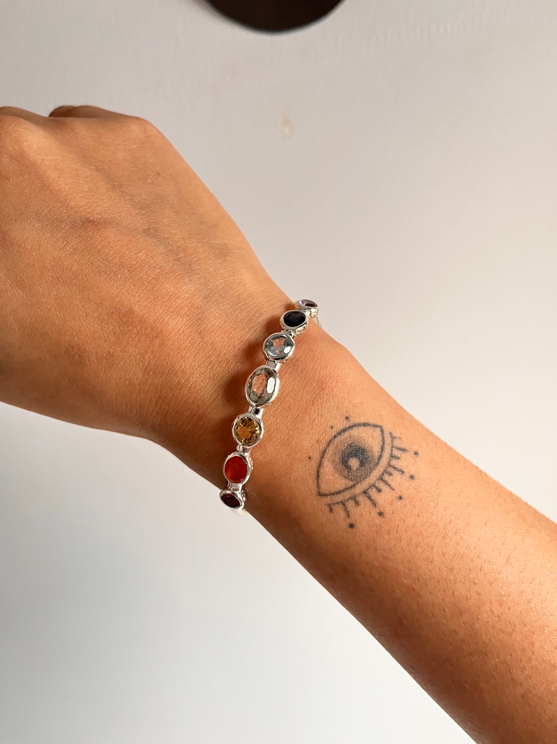 Adjustable Silver Kada with Seven Chakra Stones