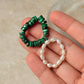 Natural Crystal Stretchy Malachite Flat 3-4mm & Fresh Water Pearl Rings