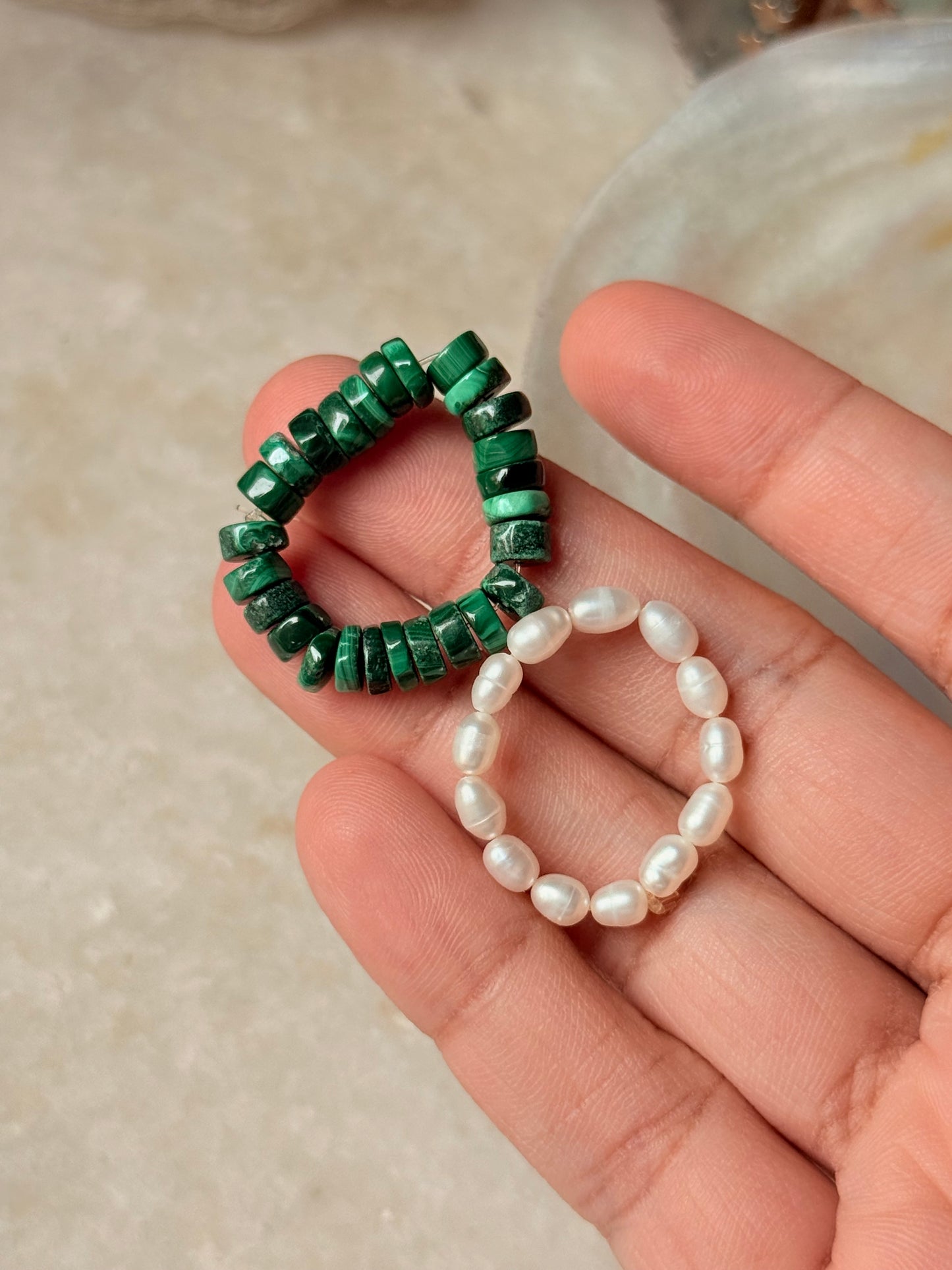 Natural Crystal Stretchy Malachite Flat 3-4mm & Fresh Water Pearl Rings