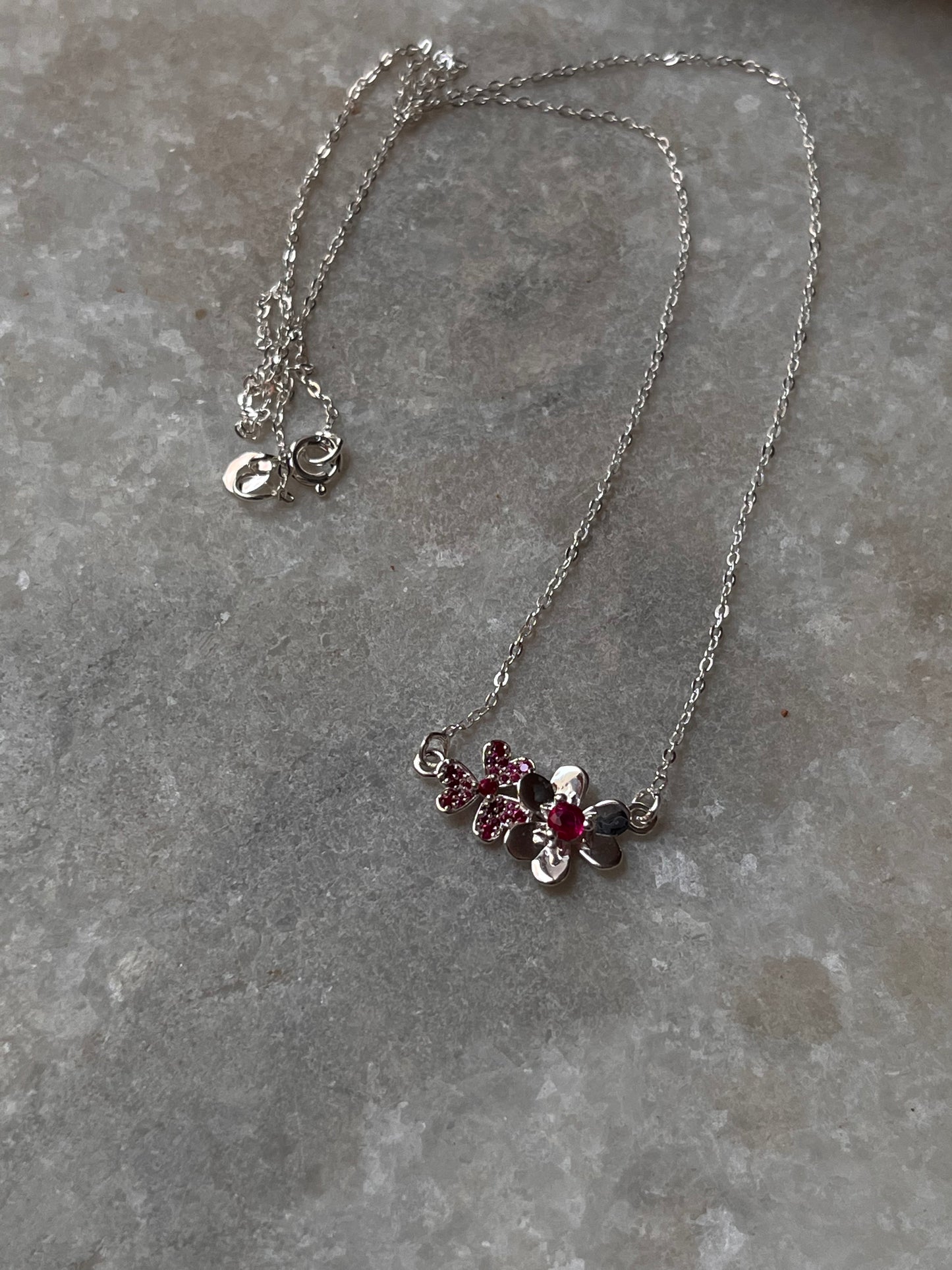 Ruby Lab Grown flowers Bouquet 925 Sterling Silver Necklace