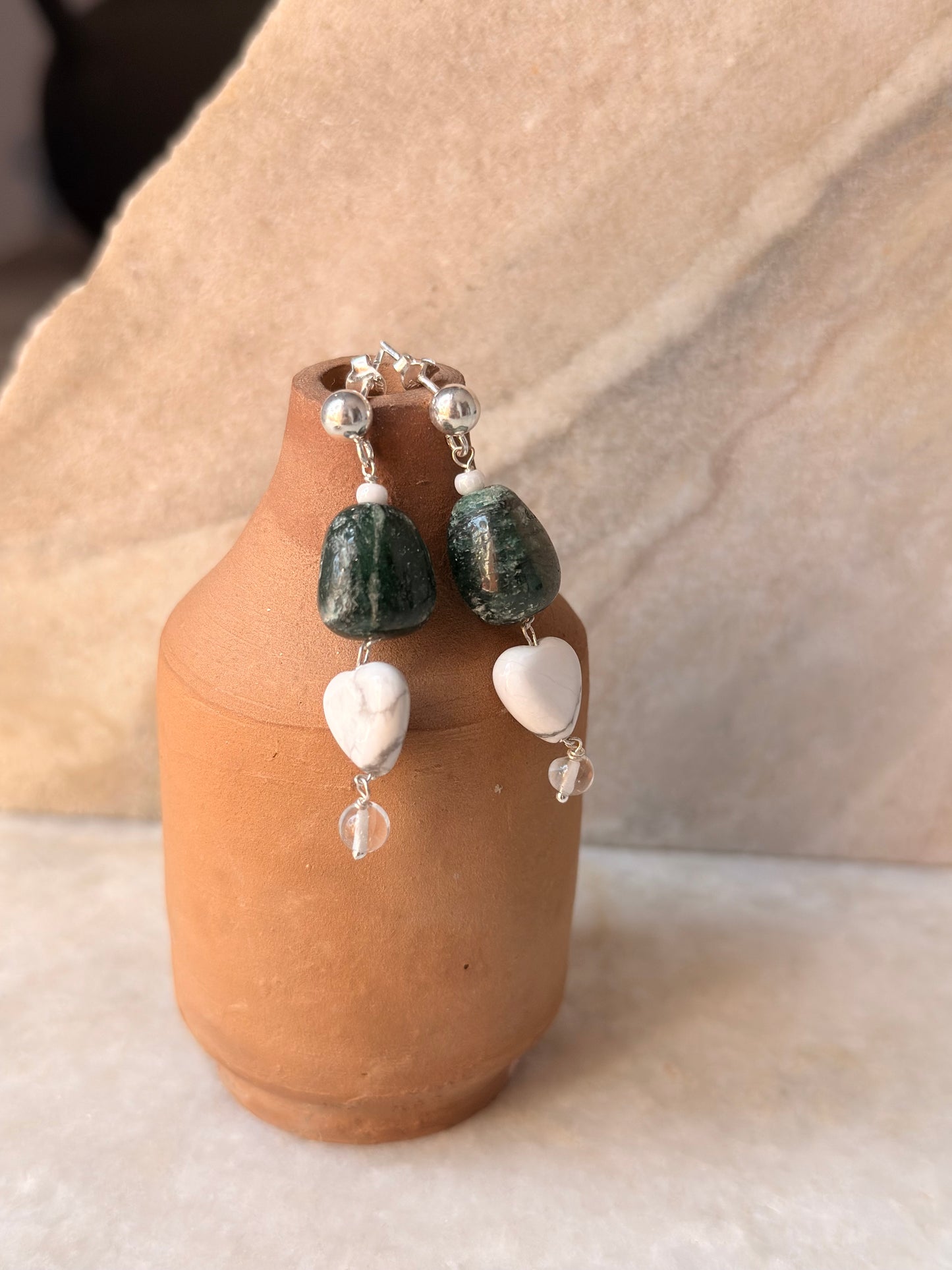 925 Sterling Silver Green Aventurine, Howlite & Clear Quartz Earrings