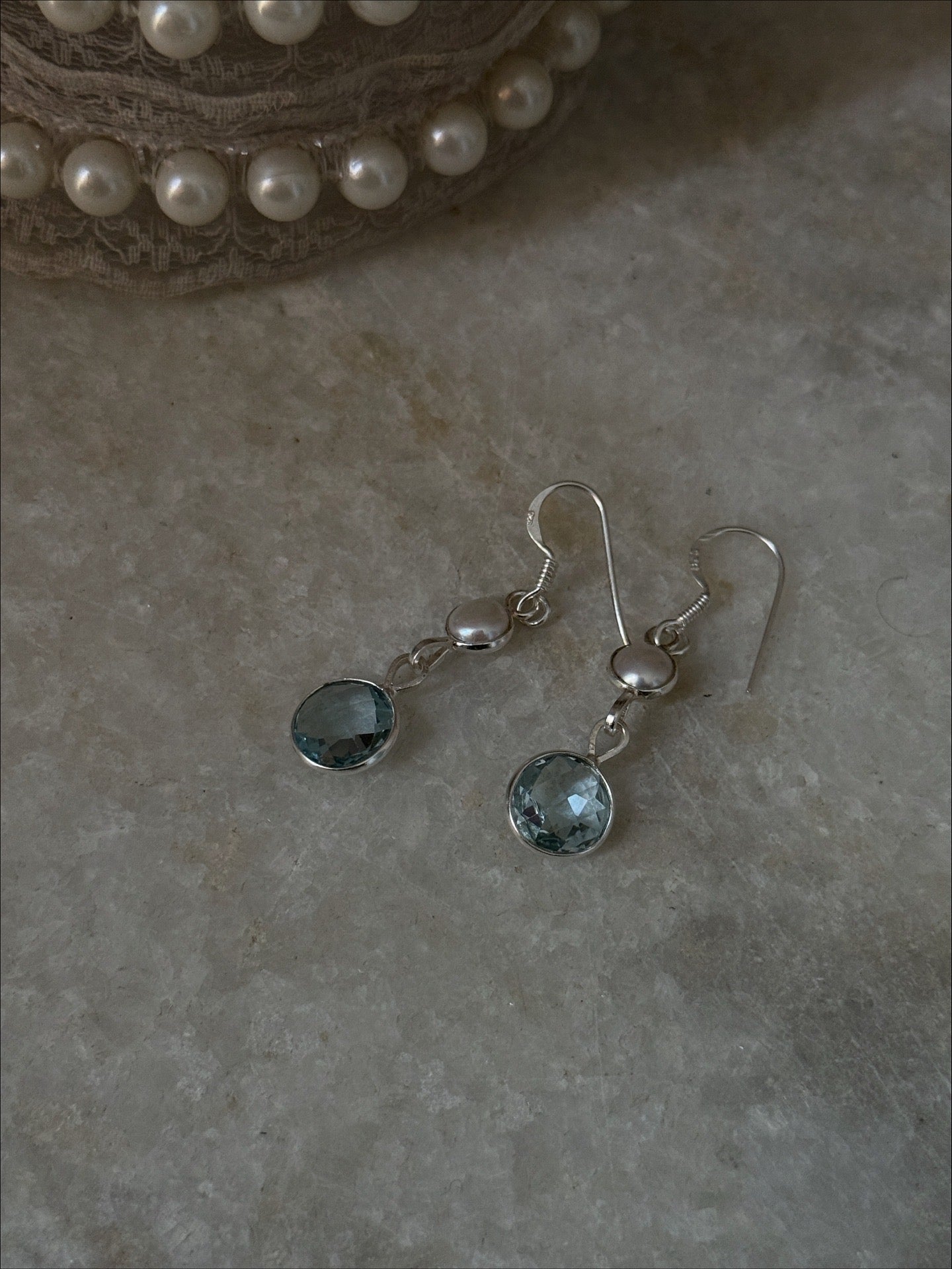 Handcrafted blue topaz checkerboard cut with pearl silver earrings