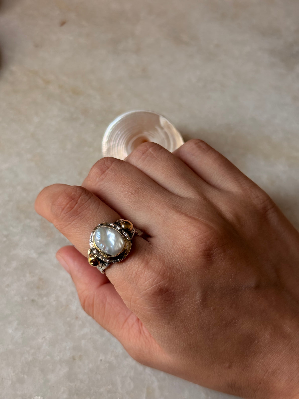 925 Sterling Silver Baroque Pearl Rustic Fusion Handcrafted Ring