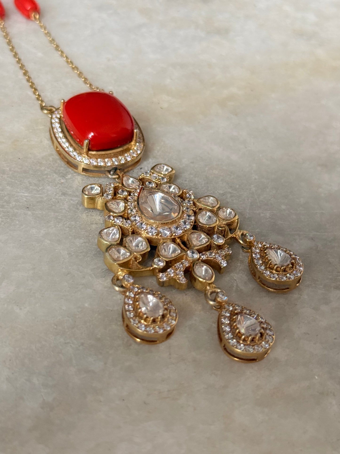 Bridal 925 Sterling Silver Gold Plated Coral Antique Moissanite Polki Necklace