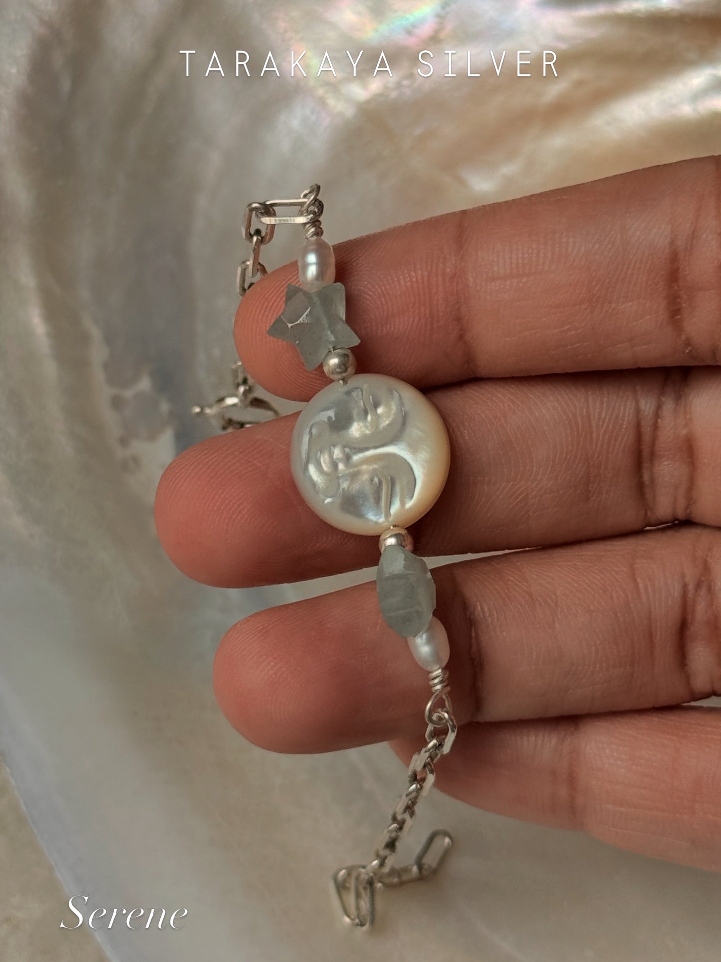 Mother of Pearl Moon Face Carved , Fresh Water Pearls & Aquamarine Craved Stars , Paper Clip Handcrafted 925 Sterling Silver Bracelet