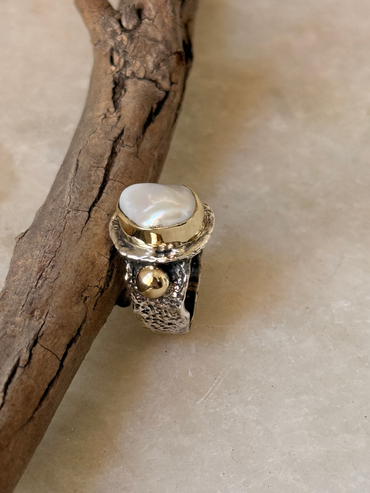 925 Sterling Silver Baroque Pearl Rustic Fusion Handcrafted Ring