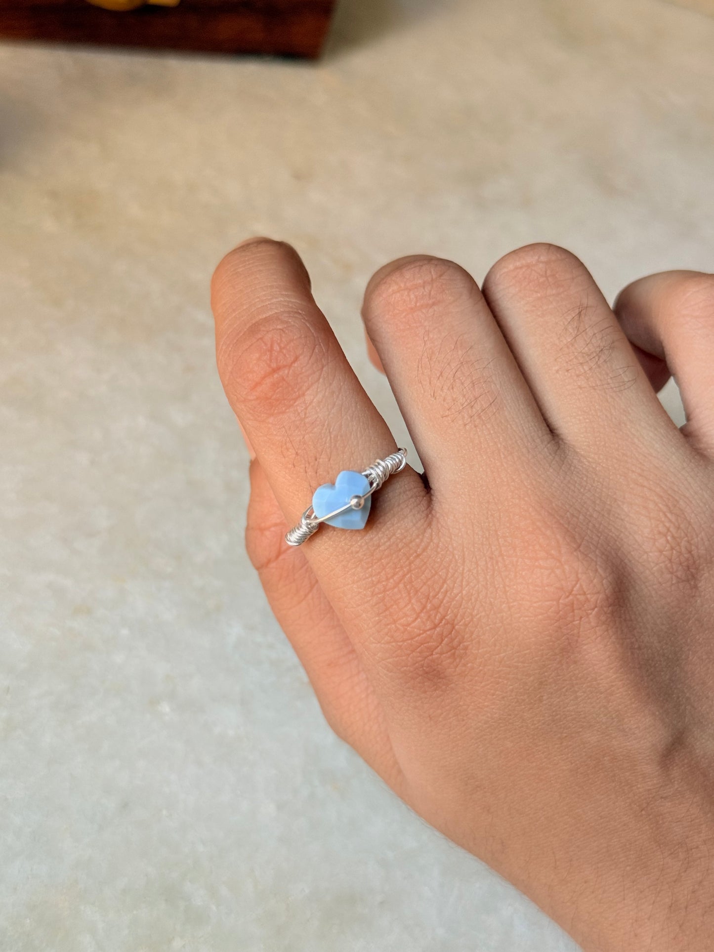925 Sterling Silver Blue Opal Heart Wire Wrapped Handcrafted Ring