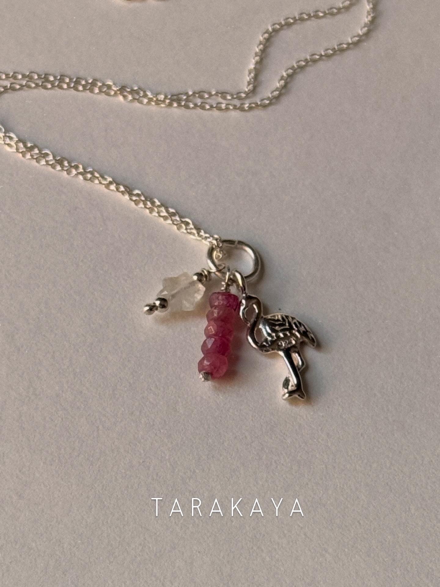 925 Sterling Silver Pink Tourmaline, Moonstone Star & Flamingo Charm Handcrafted Necklace