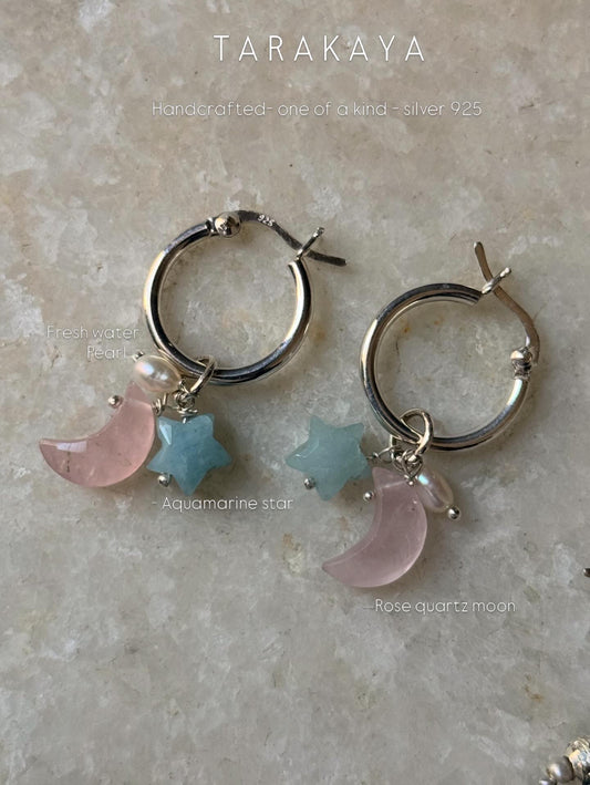 925 Sterling Silver Rose Quartz Moon, Aquamarine Star and Fresh Water Pearl Handcrafted Hoops