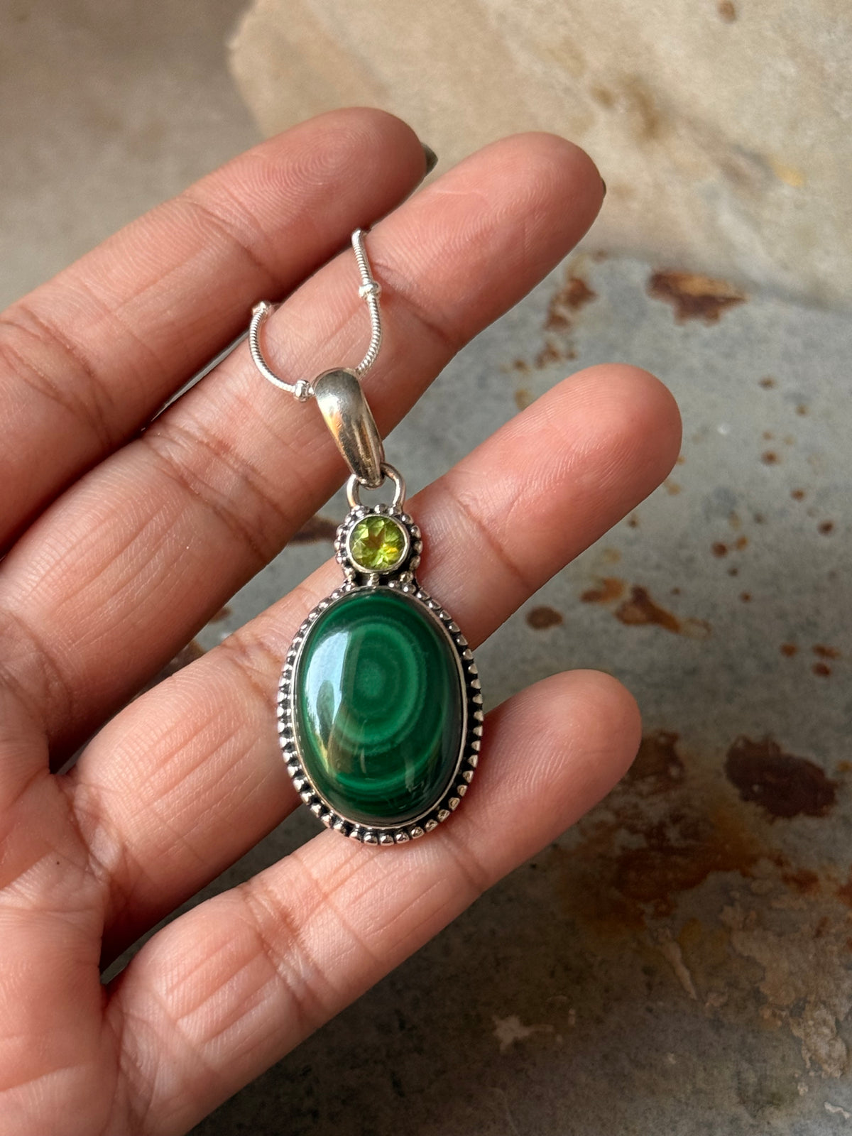 925 Sterling Silver Malachite Oval &  Peridot Round Faceted Handcrafted One of a Kind Pendant