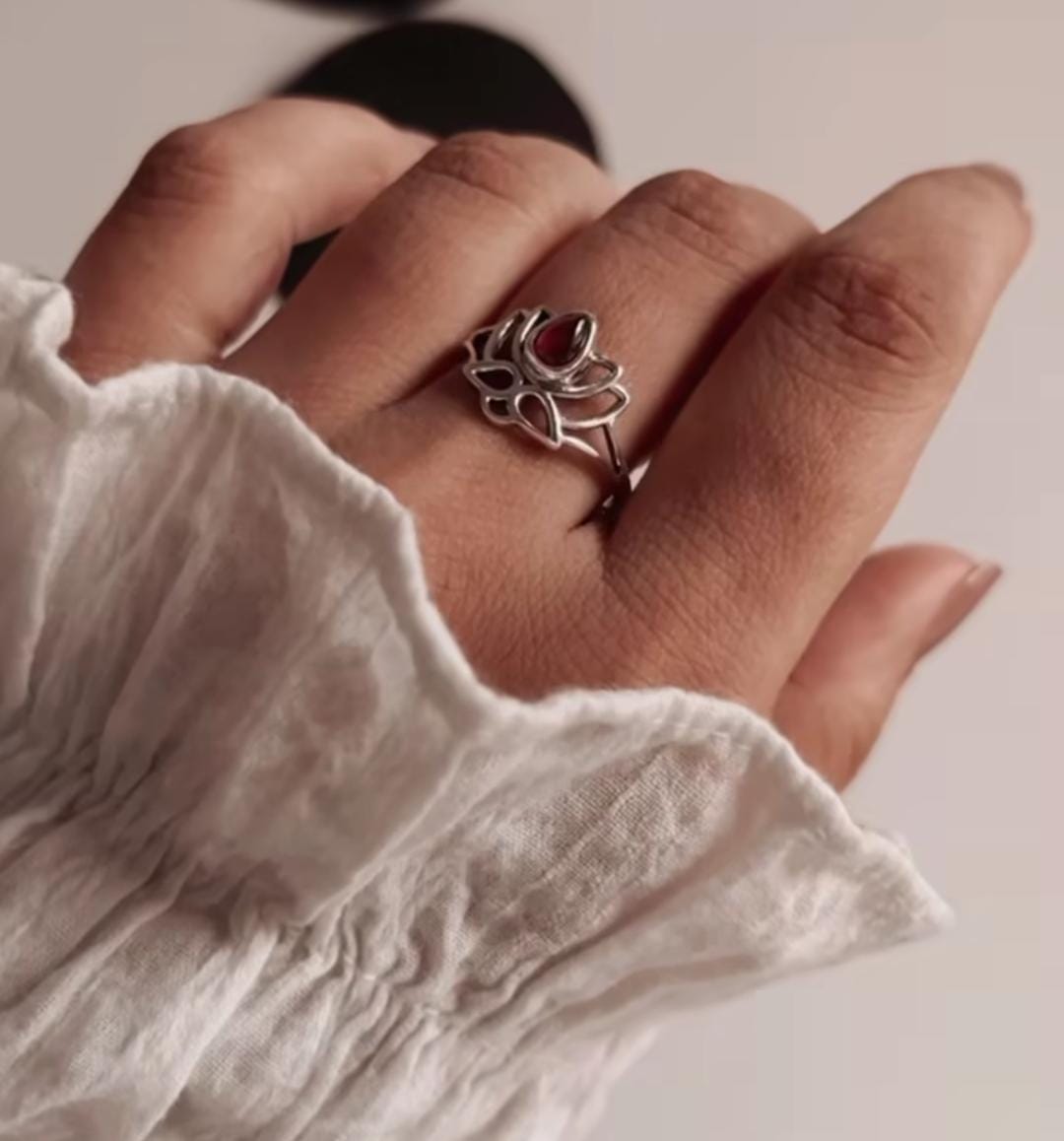 Garnet divine lotus sterling silver ring with delicate flower details