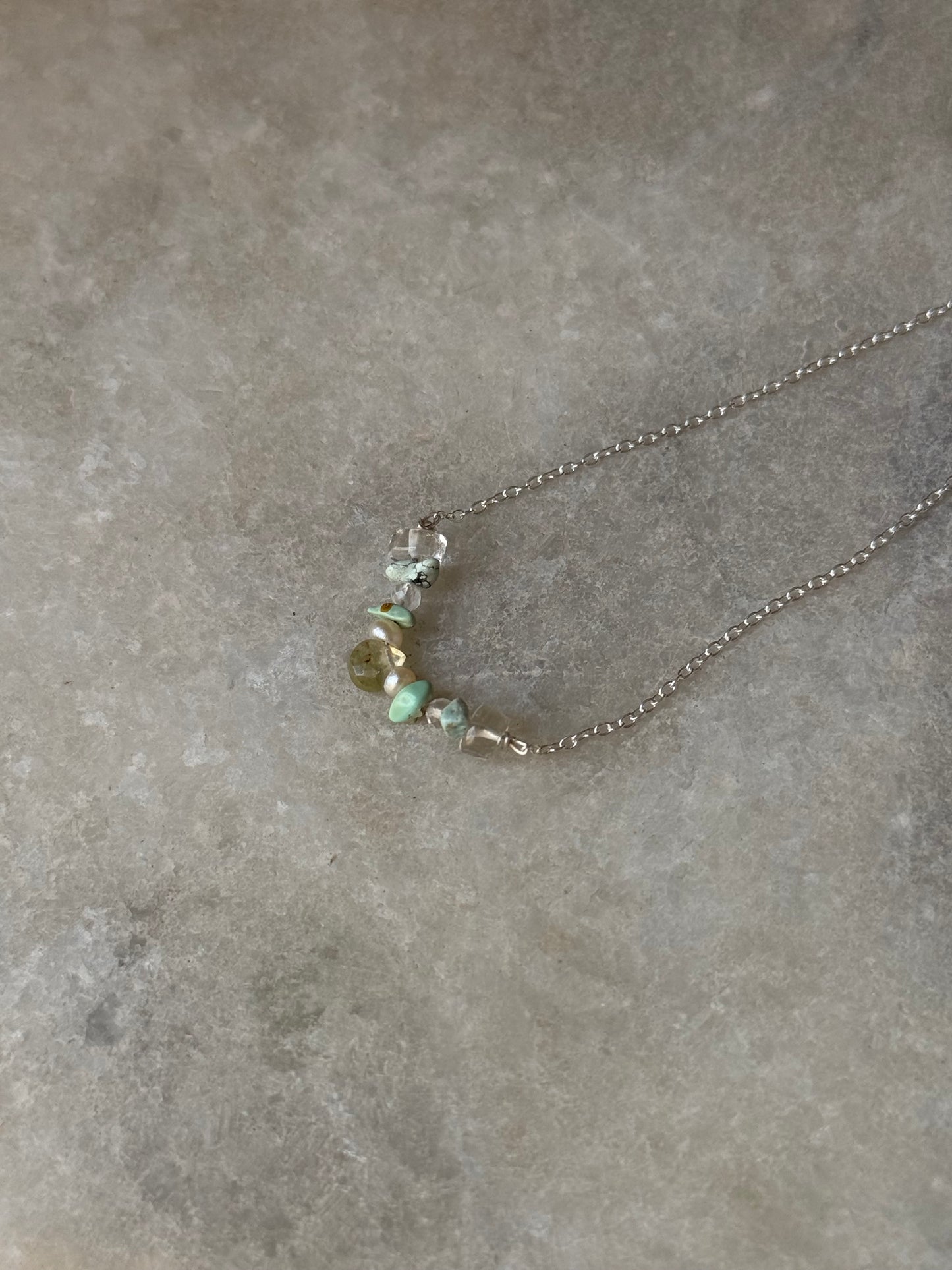 925 Sterling Silver Green Tourmaline Pear, Pearls, Turquoise & Clear Quartz Handcrafted Necklace