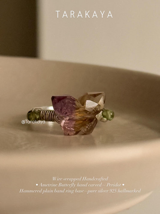 925 Sterling Silver Ametrine Butterfly, Peridot Wire Wrapped Handcrafted Ring