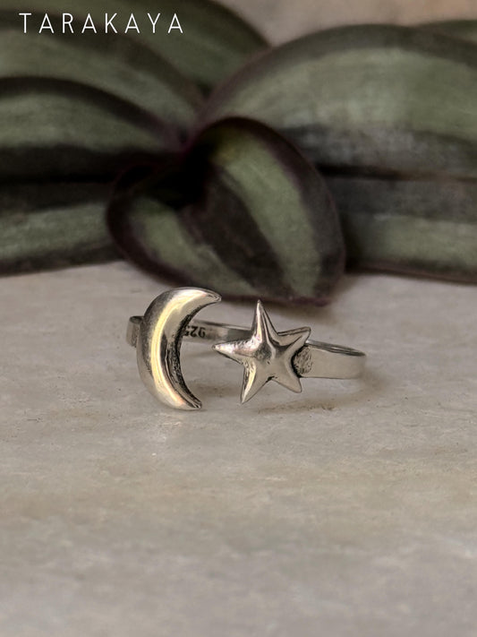 925 Sterling Silver Star Moon Adjustable Ring