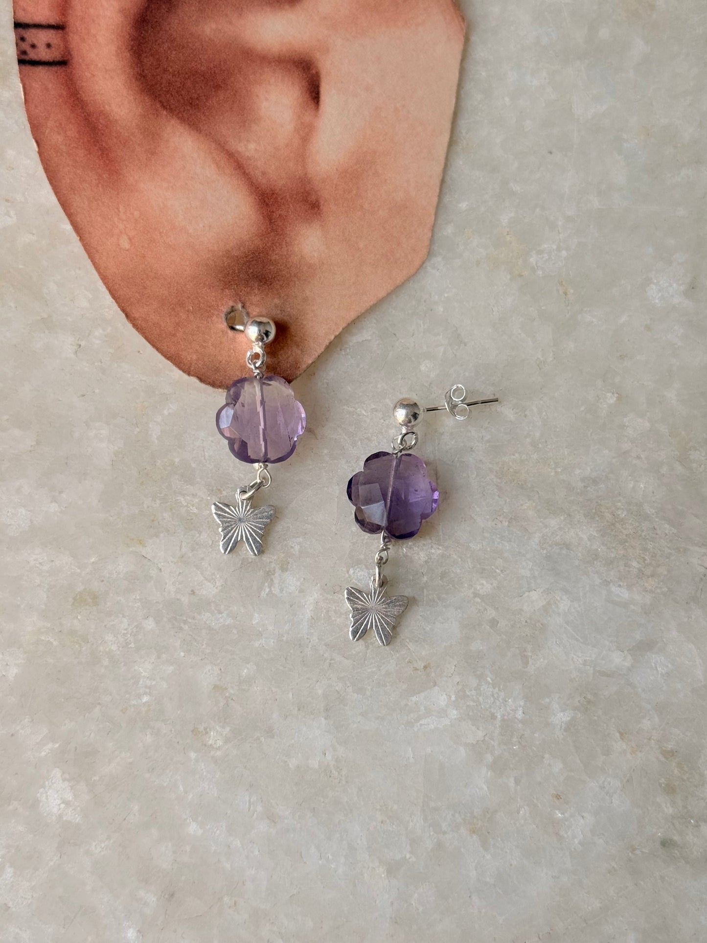 925 Sterling Silver Amethyst Floral Charm Butterfly Handcrafted Studs