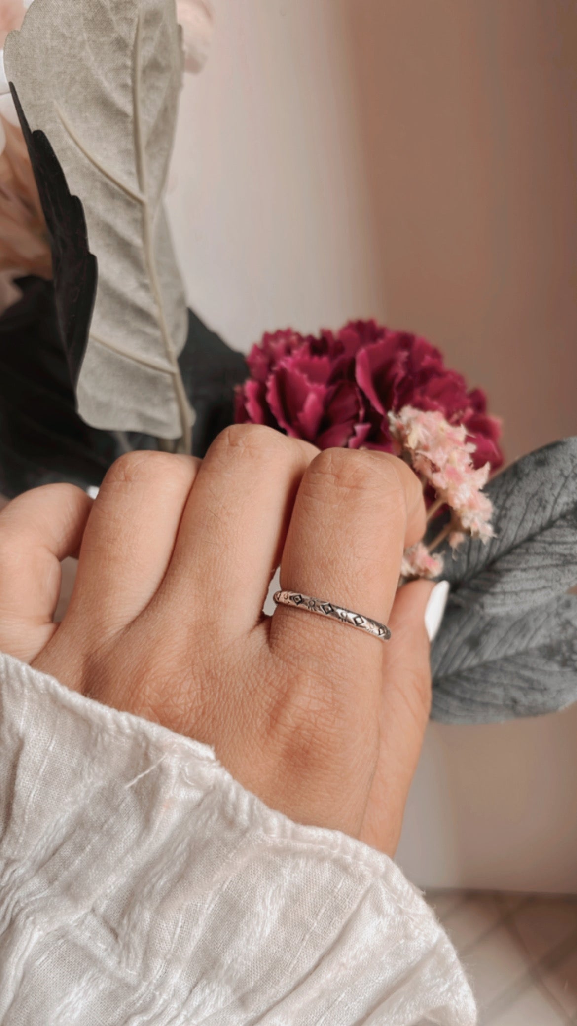 Elegant stackable band ring with tribal engraving in silver