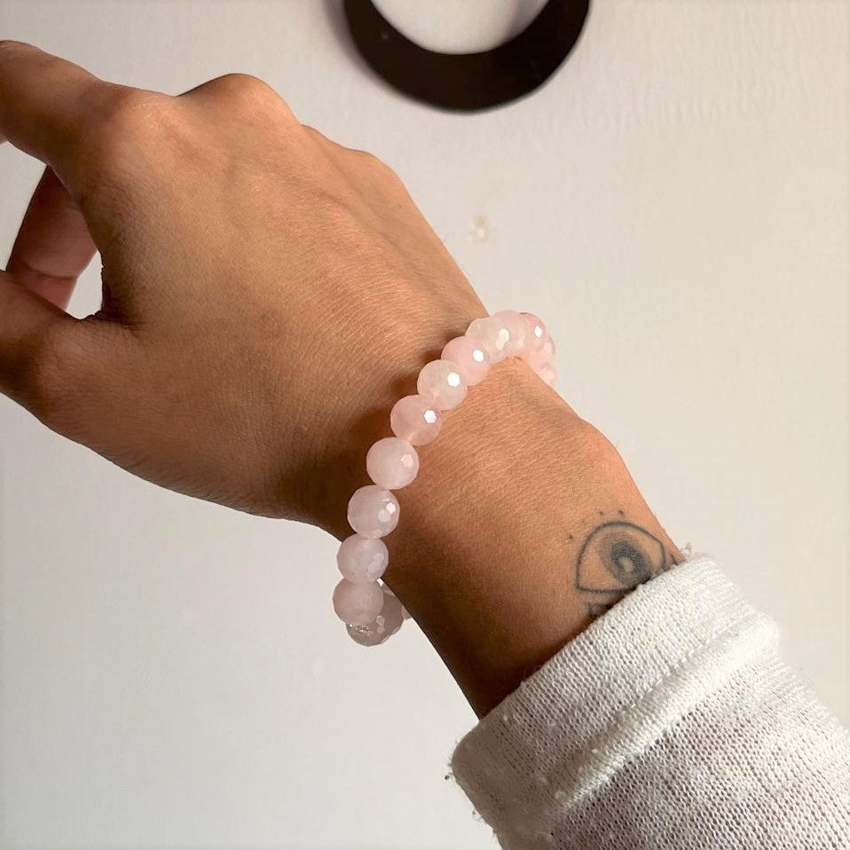 8MM Rose Quartz Bracelet with Sparkling Diamond Cut Finish