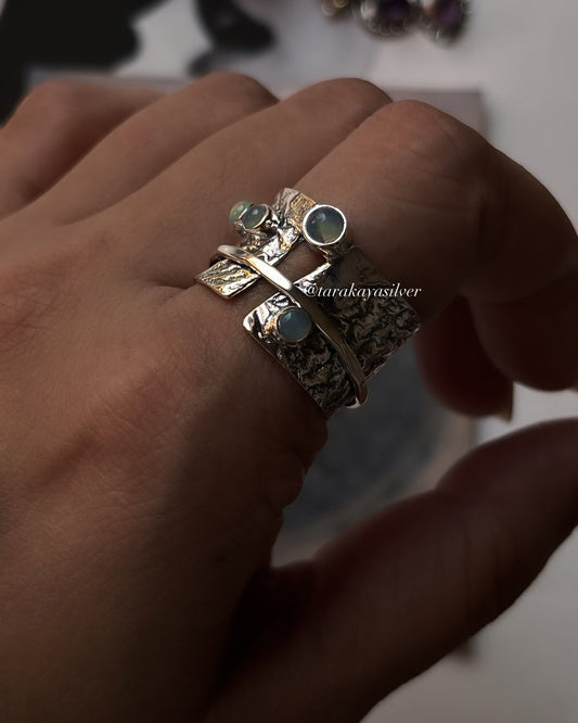 Natural Ethiopian opal rustic wrap spinner handcrafted 925 silver ring  