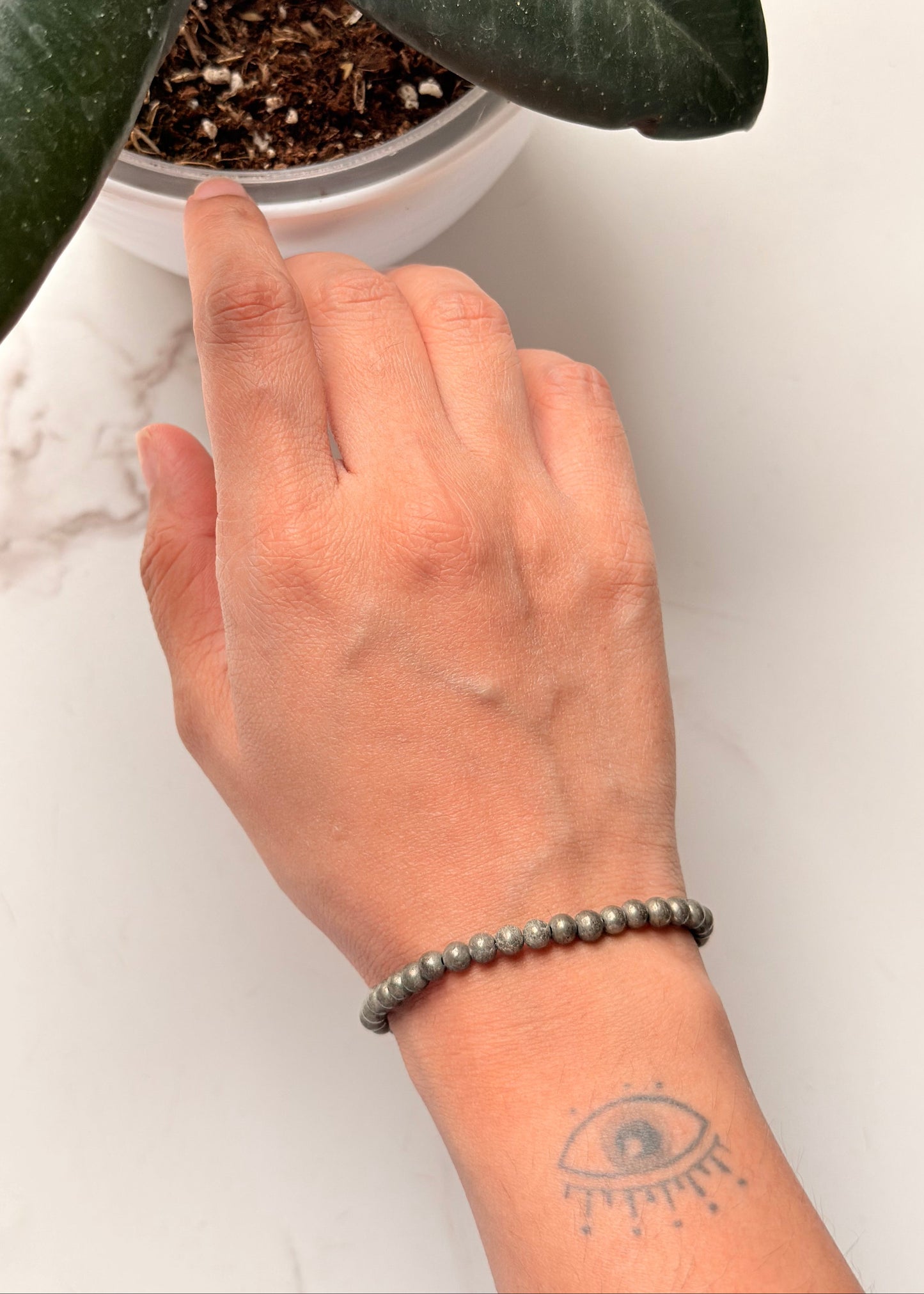 Natural Crystal Pyrite Round Plain 4mm Bracelet