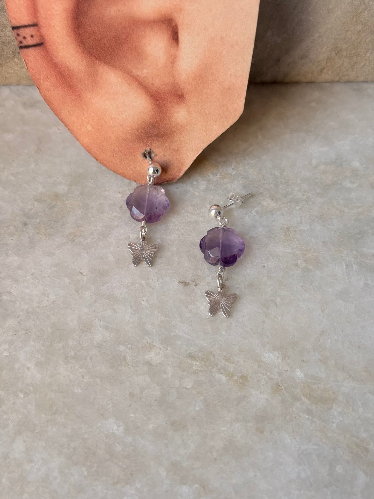 925 Sterling Silver Amethyst Floral Charm Butterfly Handcrafted Studs