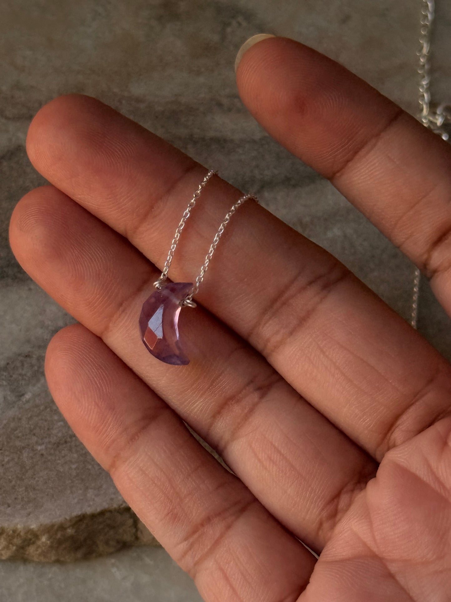 925 Sterling Silver Amethyst Moon Crescent Carved Handcrafted Necklace