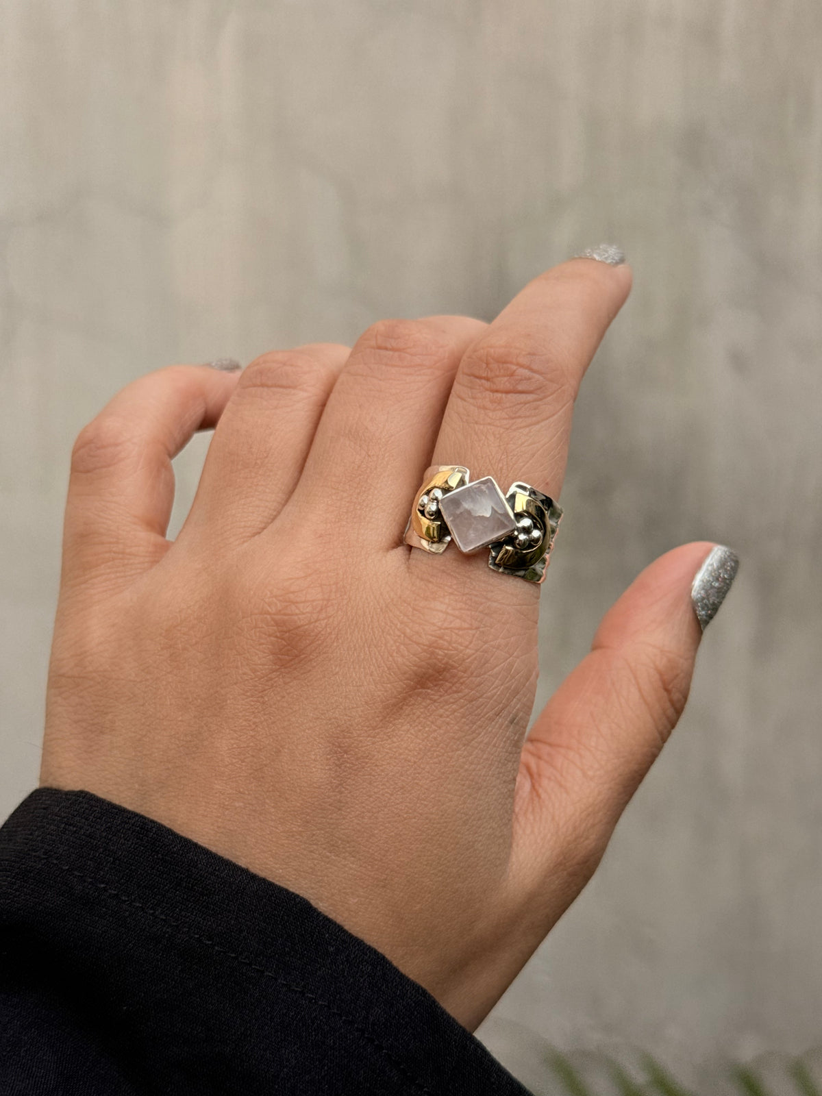 925 Sterling Silver Rose Quartz Square Dual Tone Rustic Ring