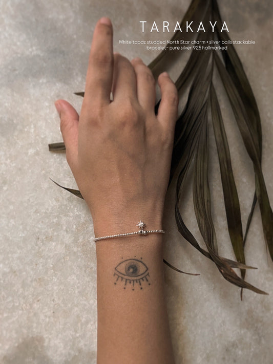 White Topaz North Star Bracelet with Silver Beads  