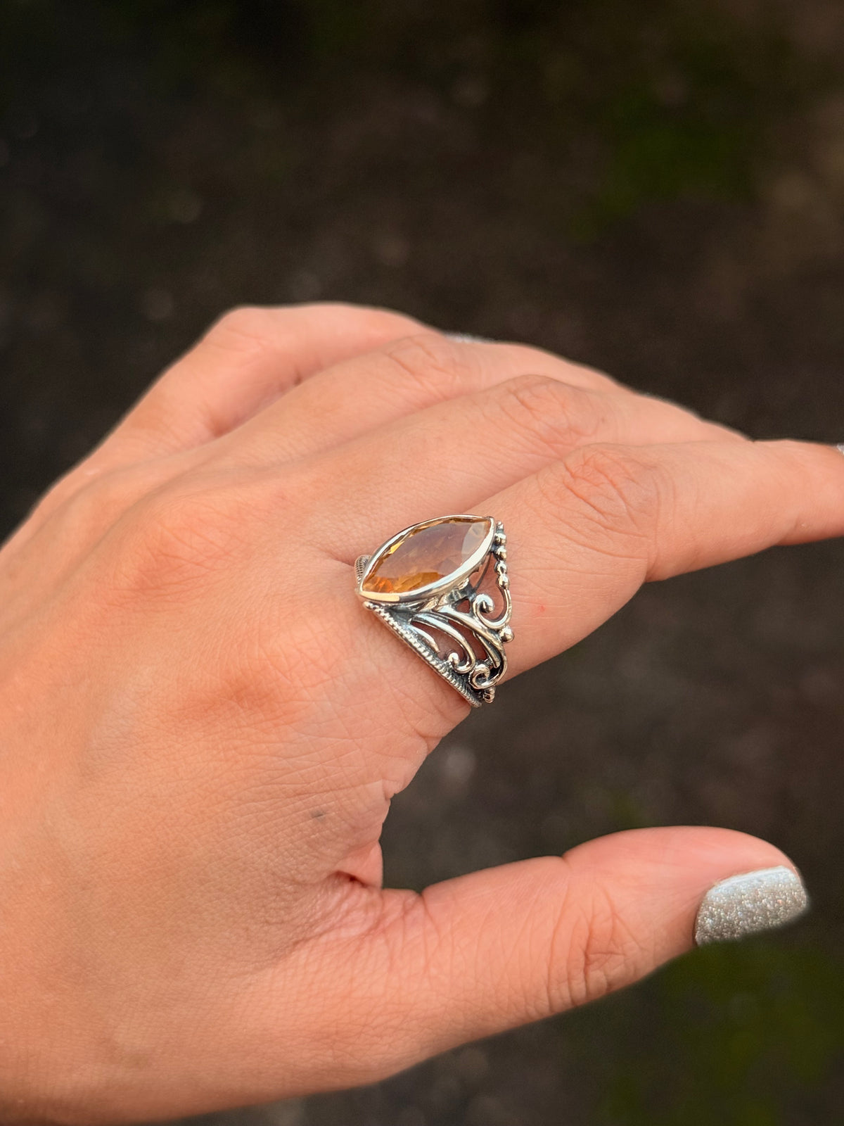 925 Sterling Silver Treated Citrine Marquise Vintage Crown Ring