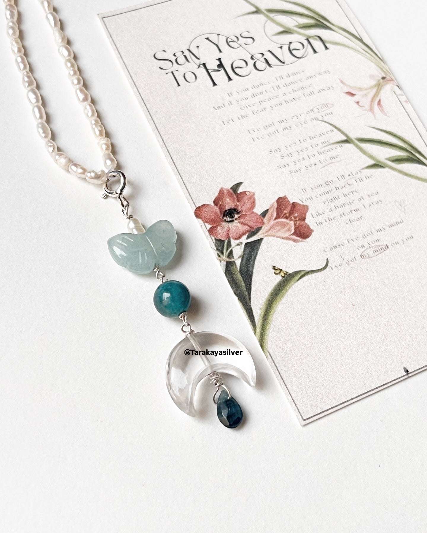 Clear Quartz Crescent Moon, Aquamarine Butterfly & Apatite Round Crystal Handmade Charm 925 Sterling Silver Fresh Water Pearl Necklace
