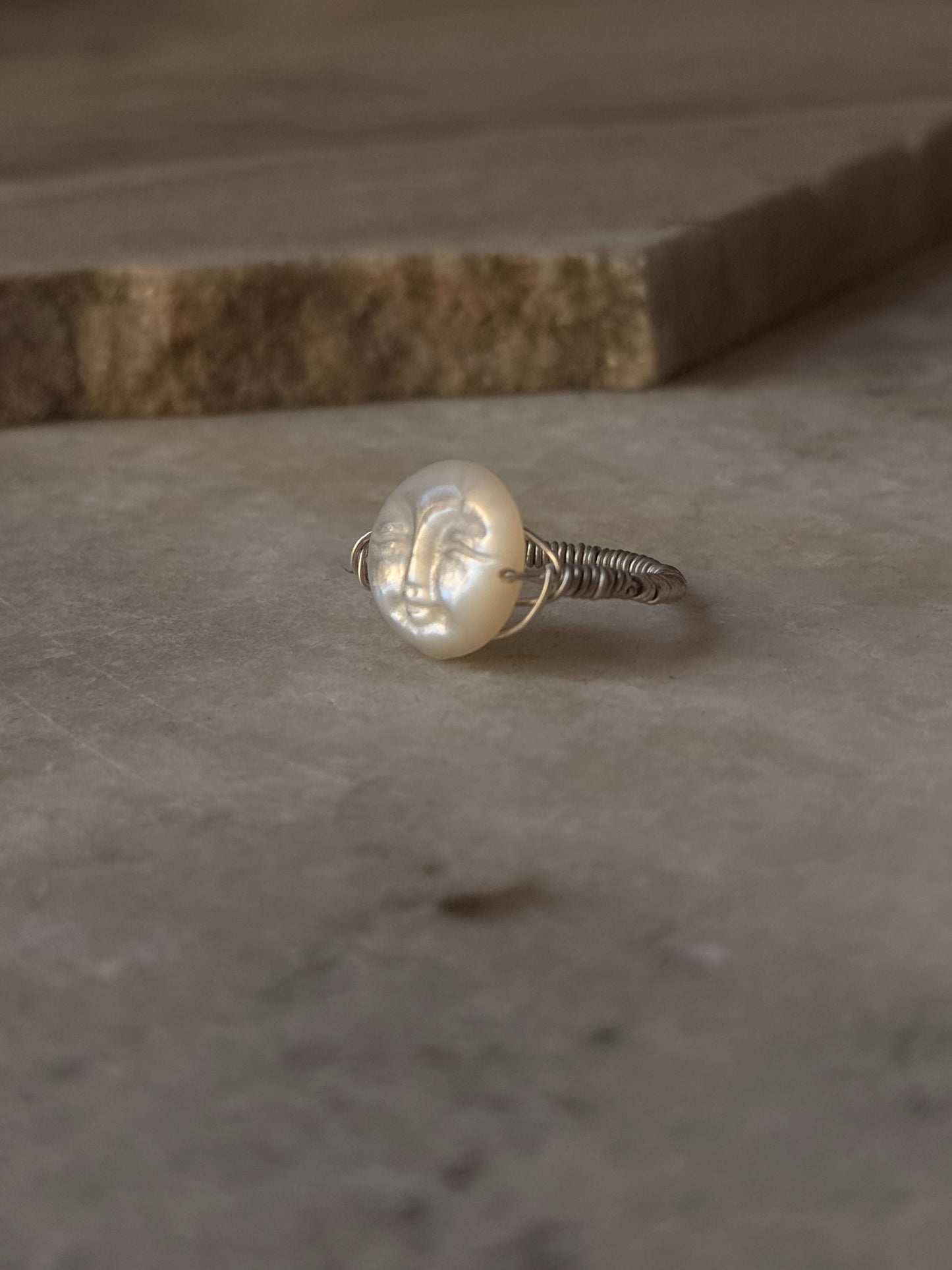 925 Sterling Silver Mother of Pearl Moon Face Wire Wrapped Handcrafted Ring