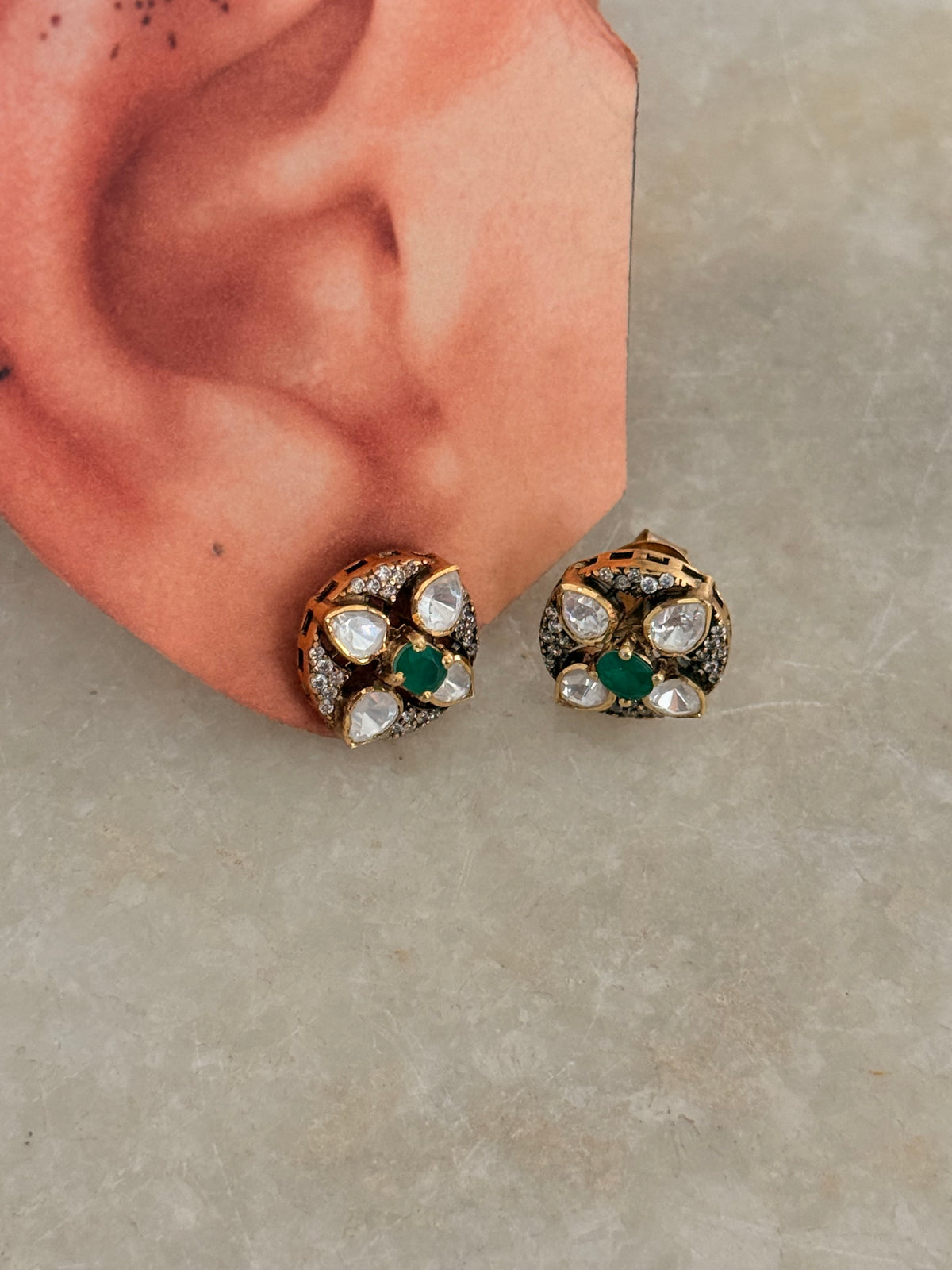 925 Sterling Silver Gold Plated Moissanite Polki Green Onyx Studs Earrings