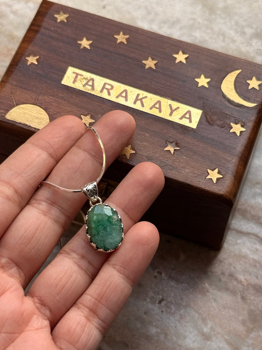 925 Sterling Silver Green Aventurine Faceted Oval Boho Handcrafted One of a Kind Pendant