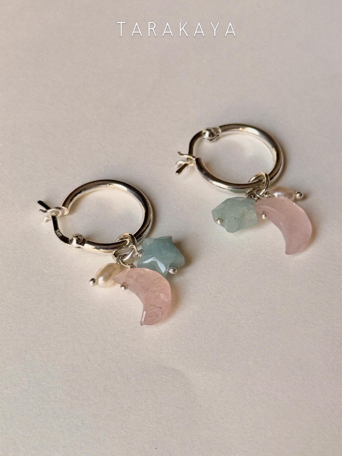 925 Sterling Silver Rose Quartz Moon, Aquamarine Star and Fresh Water Pearl Handcrafted Hoops