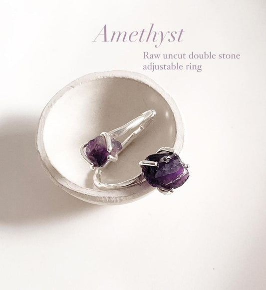 Amethyst Double Raw Uncut Adjustable Ring in Silver