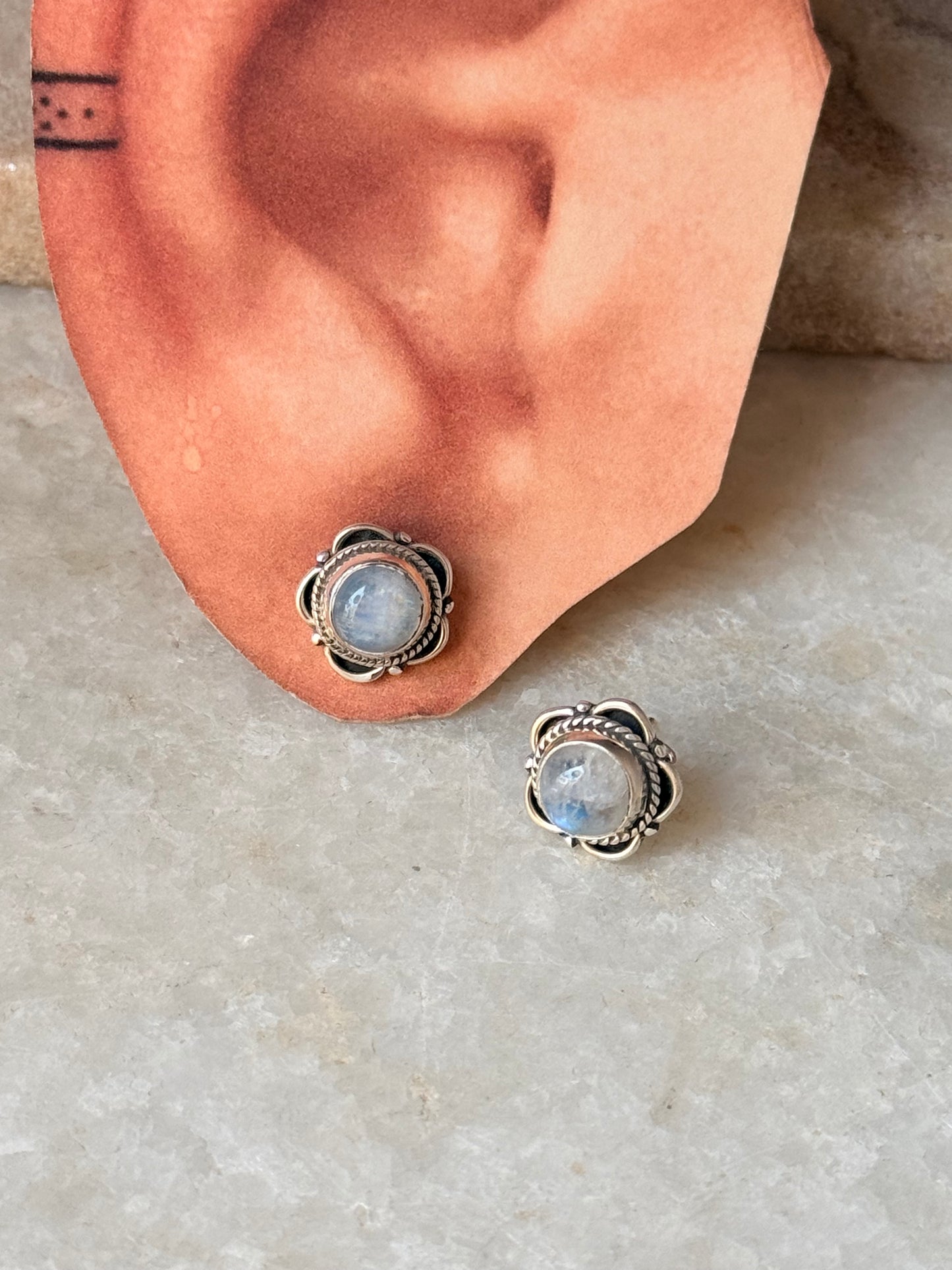 925 Sterling Silver Moonstone Flower Studs Earrings