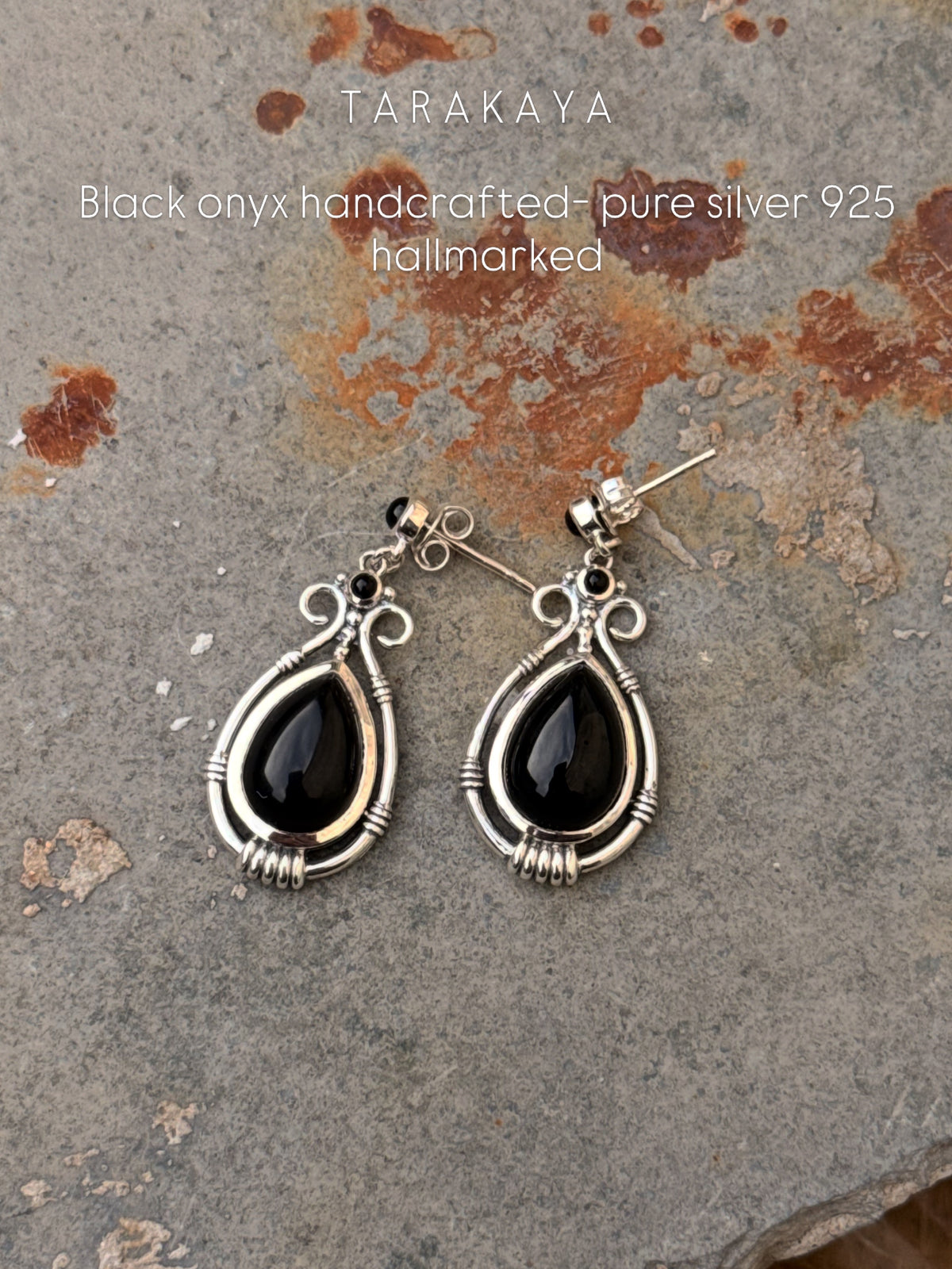 925 Sterling Silver Black Onyx Pear Gothic Handcrafted Studs Earrings