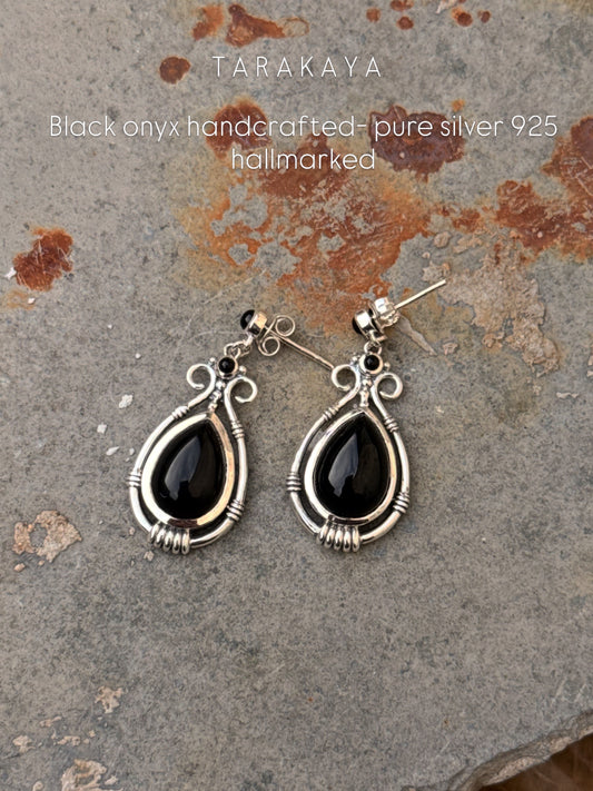 925 Sterling Silver Black Onyx Pear Gothic Handcrafted Studs Earrings
