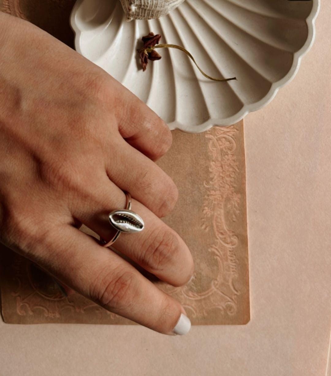 Chic cowrie seashell design set in a fine silver ring