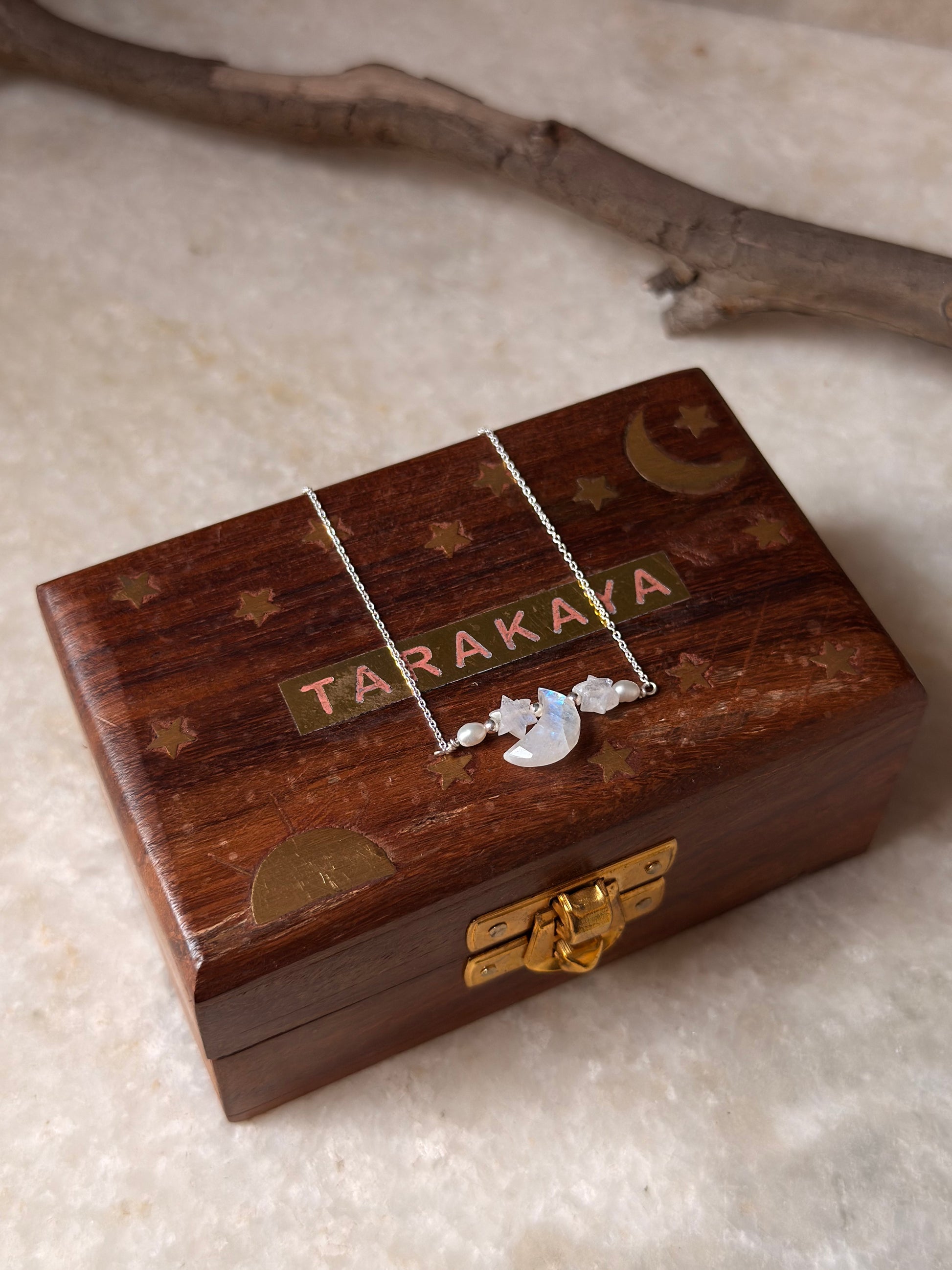 925 Sterling Silver Moonstone Moon, Stars, Pearls Necklace