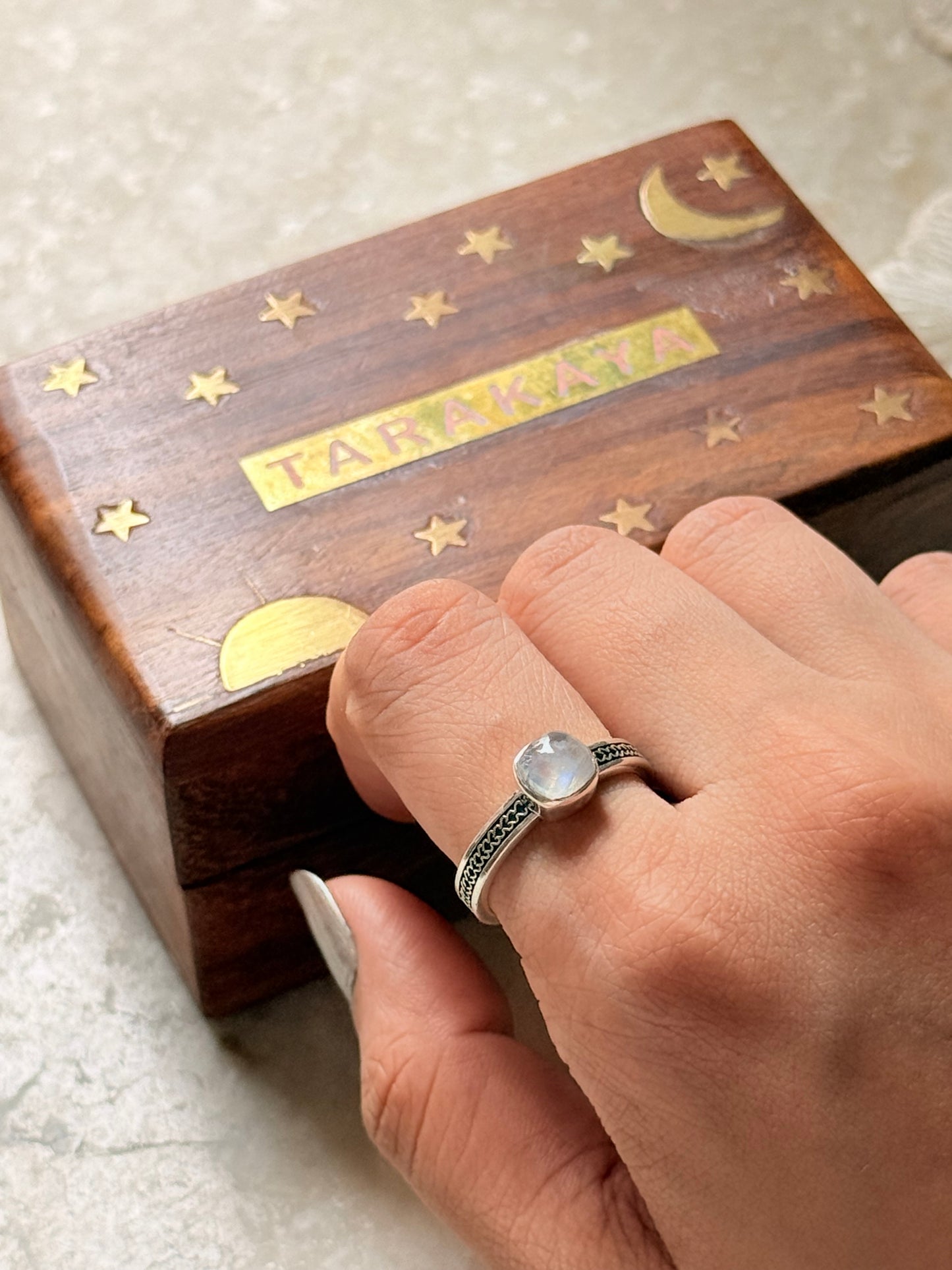 925 Sterling Silver Rainbow Moonstone Square Heart Band Ring