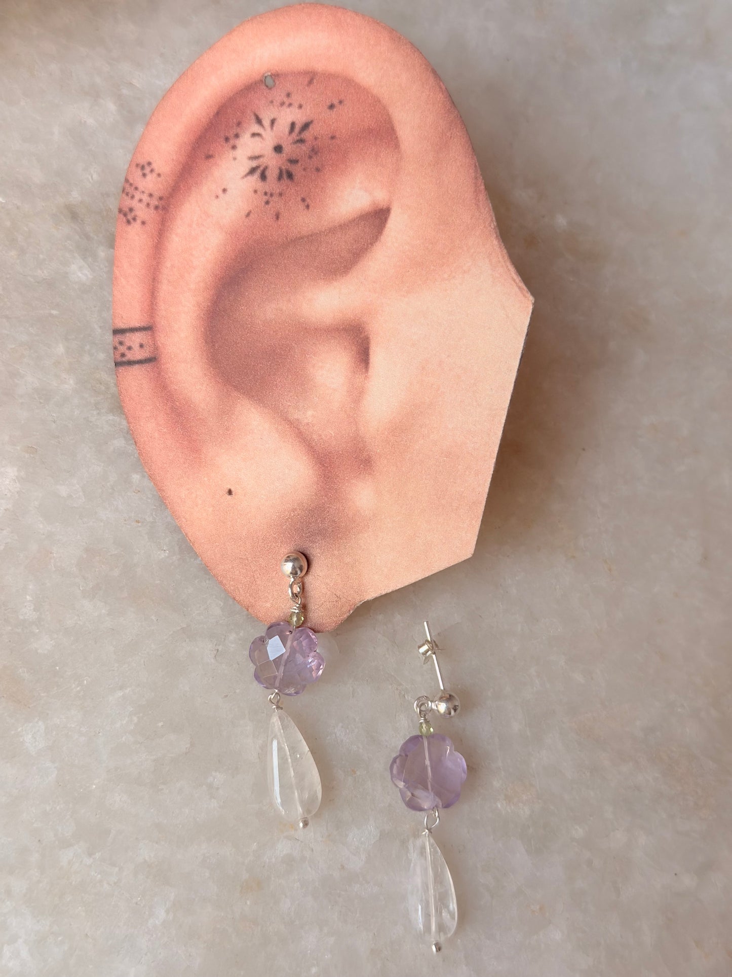 925 Sterling Silver Amethyst Flower , Peridot & Moonstone Earrings