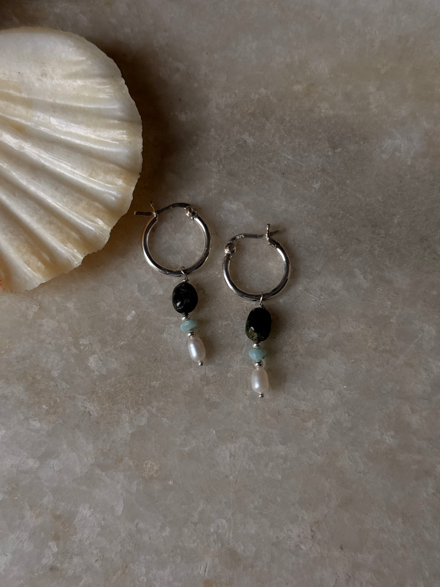 925 Sterling Silver Green Tourmaline Larimar Fresh Water Pearls Hangings Hoops Earrings