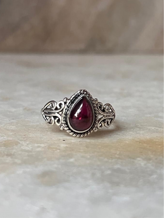 Garnet Pear Boho 925 Sterling Silver Ring