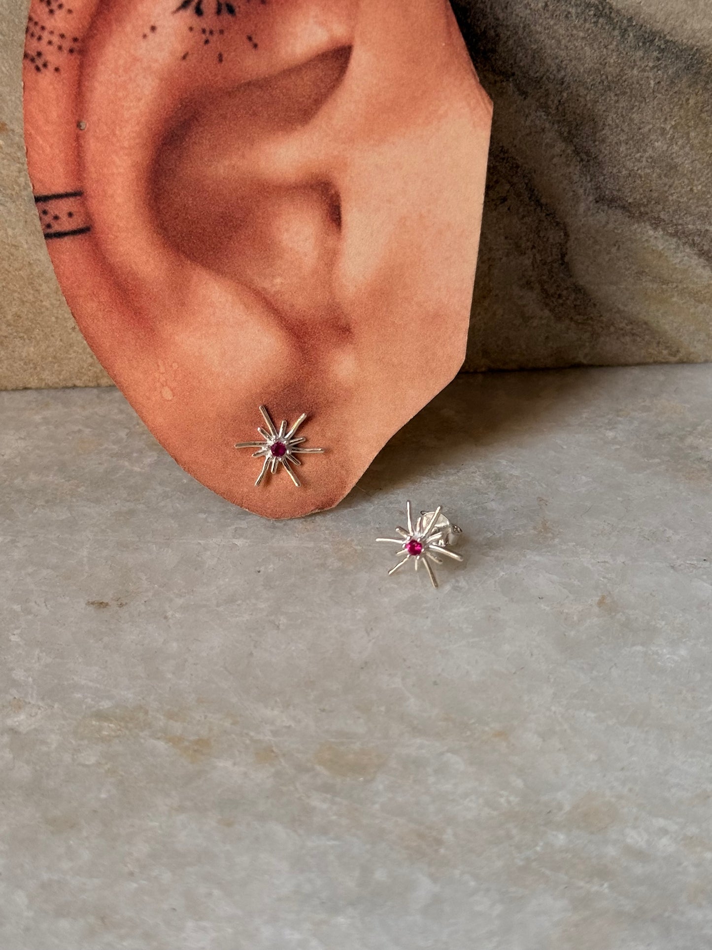 925 Sterling Silver Lab Grown Ruby Star Burst Studs Earrings